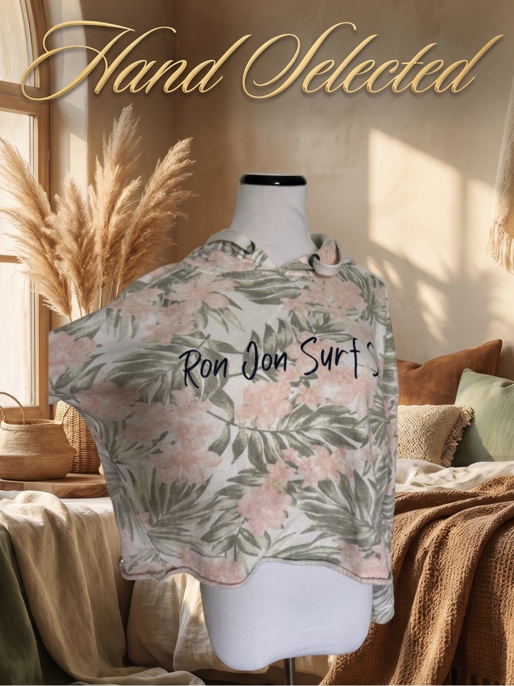 Ron Jon Surf Shop Floral Crop Hoodie Pink Sage Green Coastal Boho S